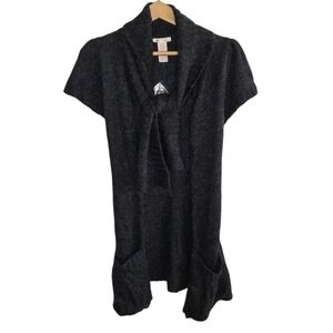 Y2K NWT Tulle Dark Gray Mohair Blend Short Sleeve Attached Scarf Cardigan